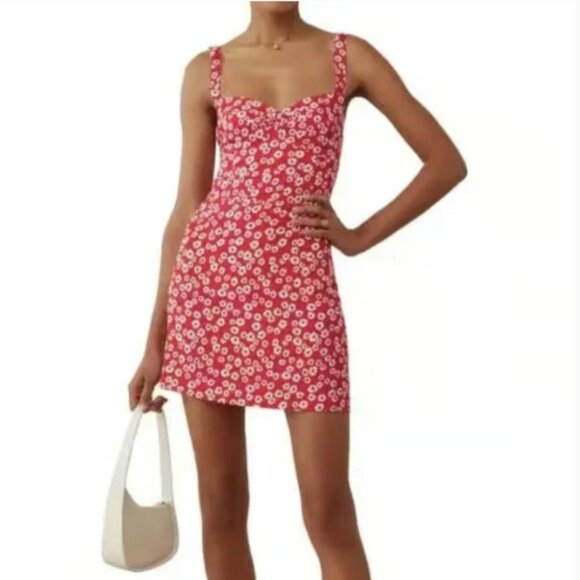 Reformation Baldwin Dress Red Daisy Print Mini Dress 4 - Picture 1 of 14